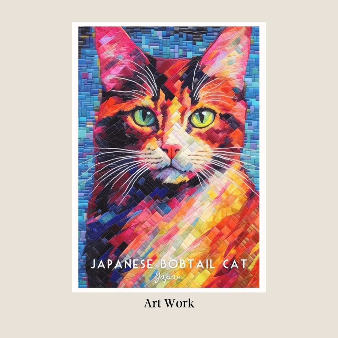 Japanese Bobtail Cat Vibrant Colorful Mosaic Pet Portrait Poster - Image 2