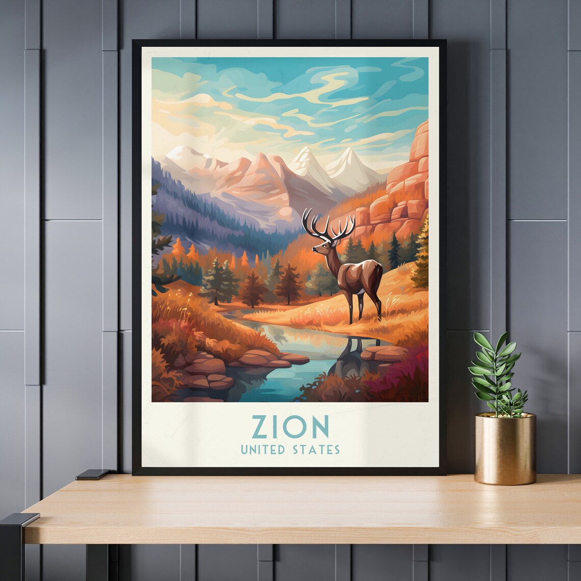 Zion National Park Autumn Elk Streamside Scene Vintage Travel Poster - Image 3
