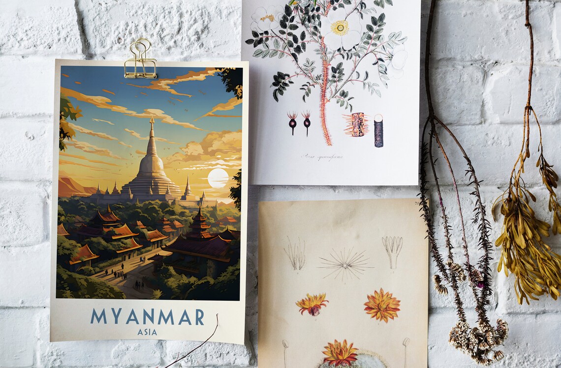 Myanmar Asia Golden Pagodas Sunset Temple Vintage Travel Poster - Image 4