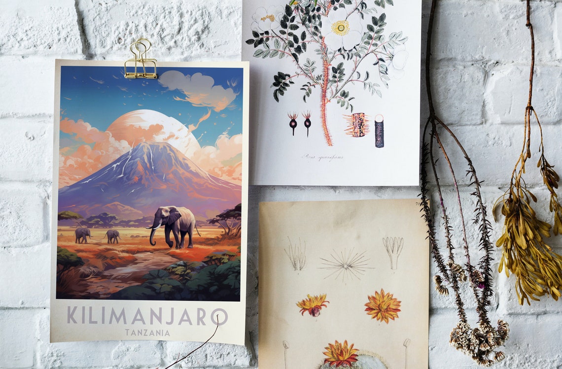 Kilimanjaro Tanzania Poster with Elephants Crossing the Sunset Savanna - Image 4