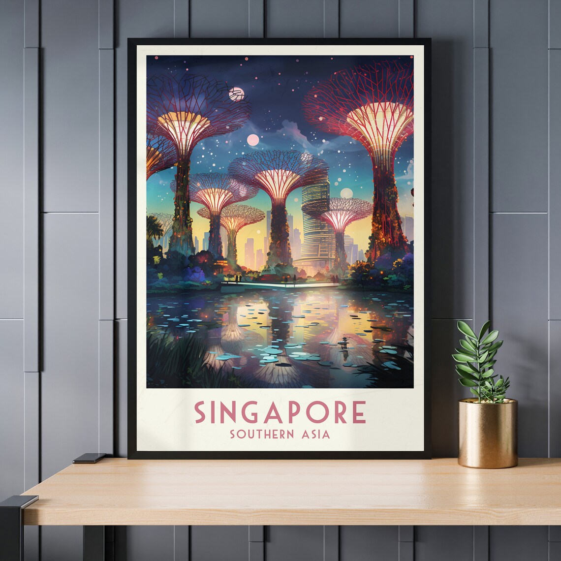 Singapore Supertree Grove Night Lights Vintage Gardens Travel Poster - Image 3