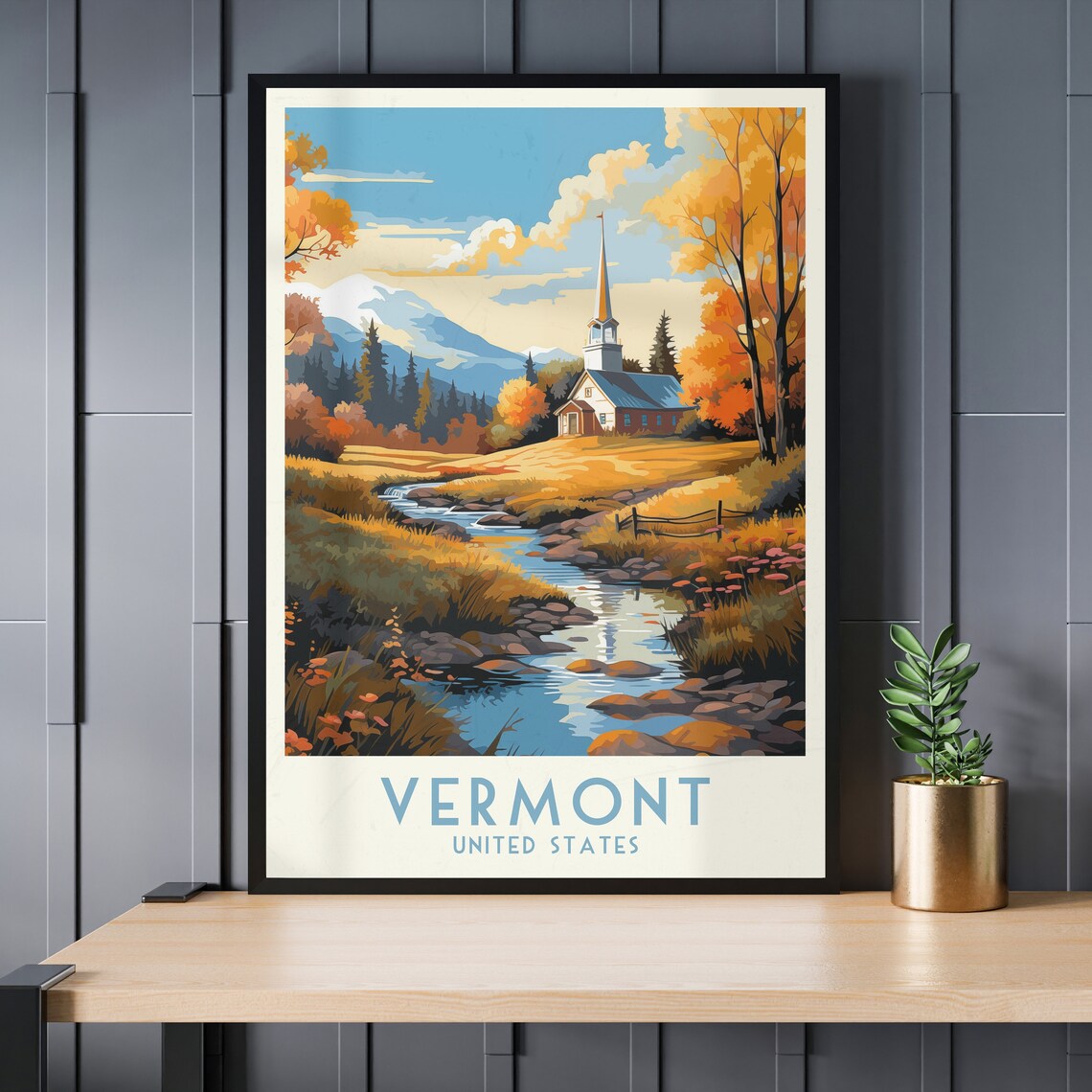 Vermont Fall Foliage Church Steeple Stream Autumn Travel Poster - Image 3