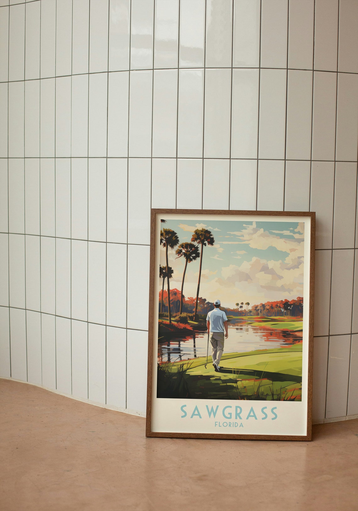 Sawgrass Florida Golfer by Water Palm Trees Sunset Golf Poster - Image 2