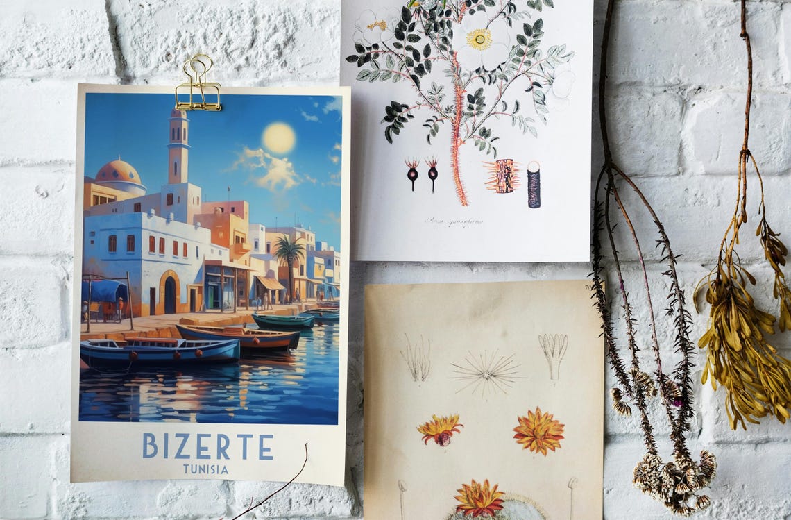 Bizerte Tunisia Old Harbour Boats Mosque Sunset Travel Poster - Image 3