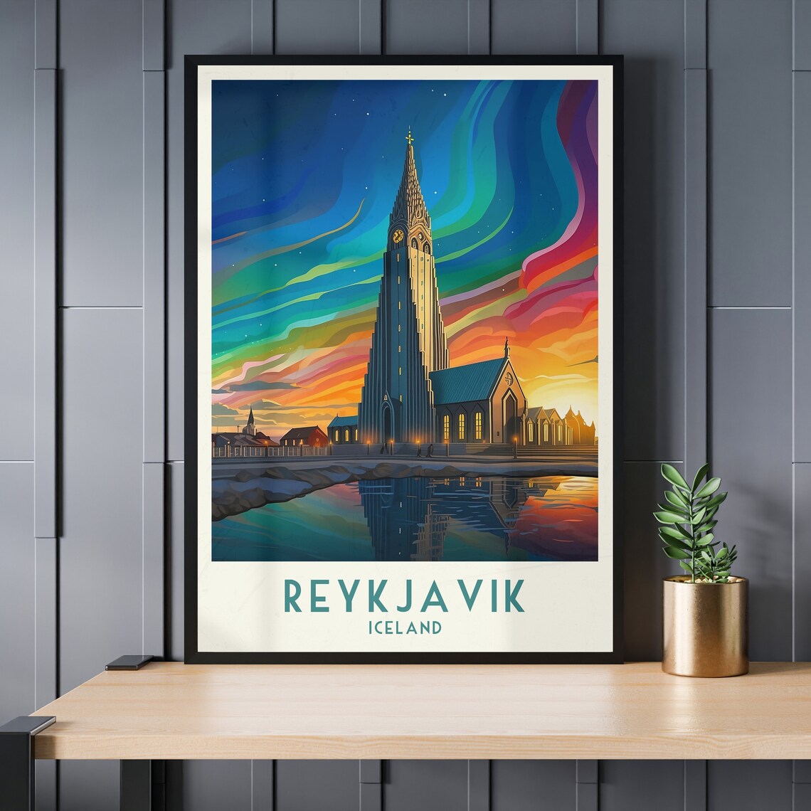 Reykjavik Hallgrimskirkja Northern Lights Night Vintage Travel Poster - Image 3