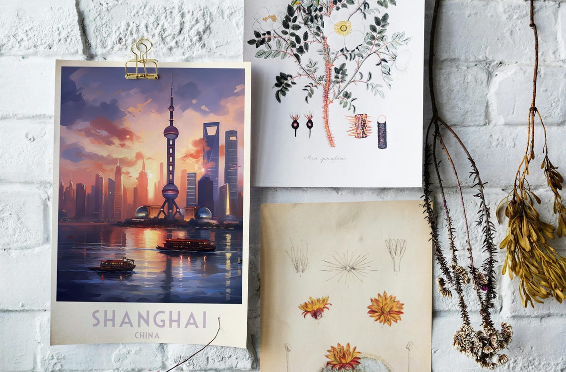Shanghai China Pudong Skyline Sunset River Boats Travel Poster - Image 4