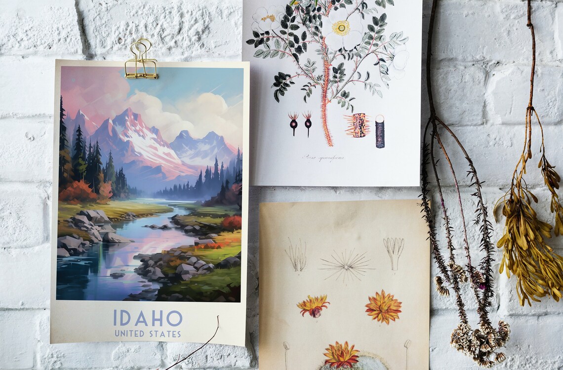 Idaho United States Snowy Mountain River Valley Travel Poster - Image 4