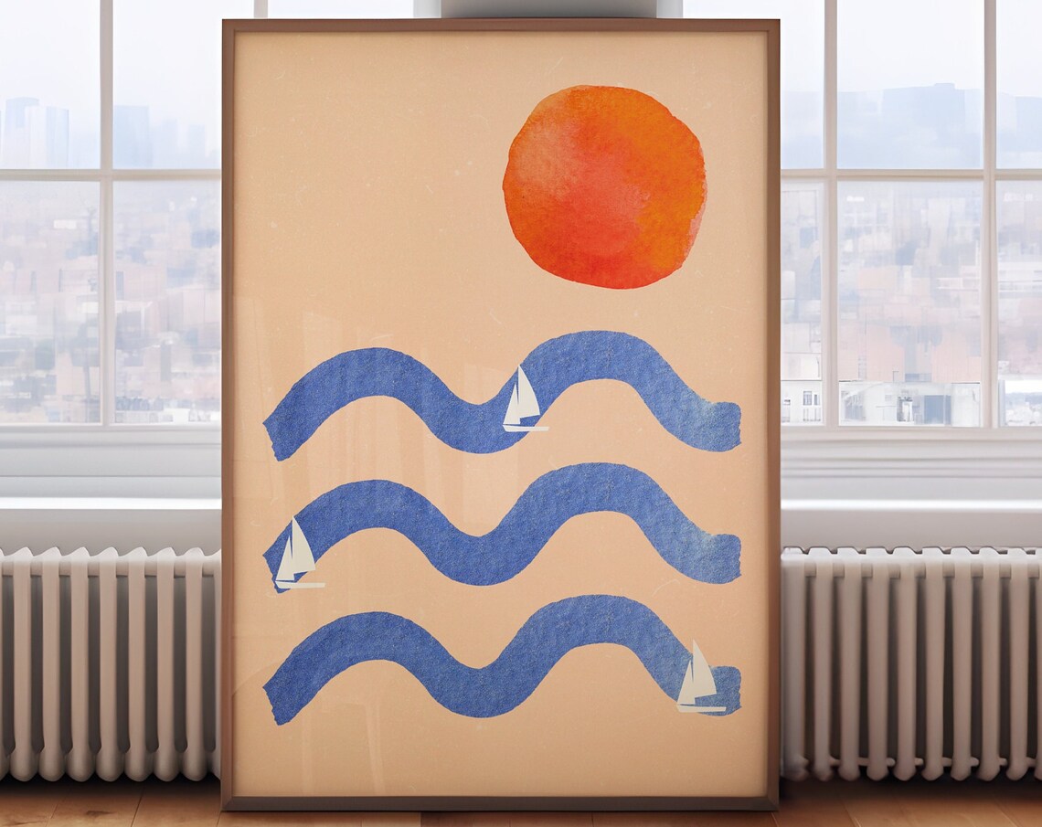 Abstract Sunset Waves with Sailboats Minimalist Seaside Wall Poster
