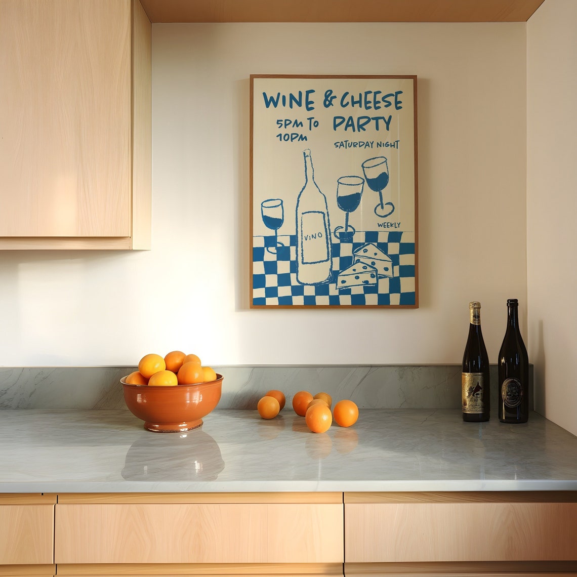 Wine and Cheese Party Saturday Night Retro Kitchen Food Poster