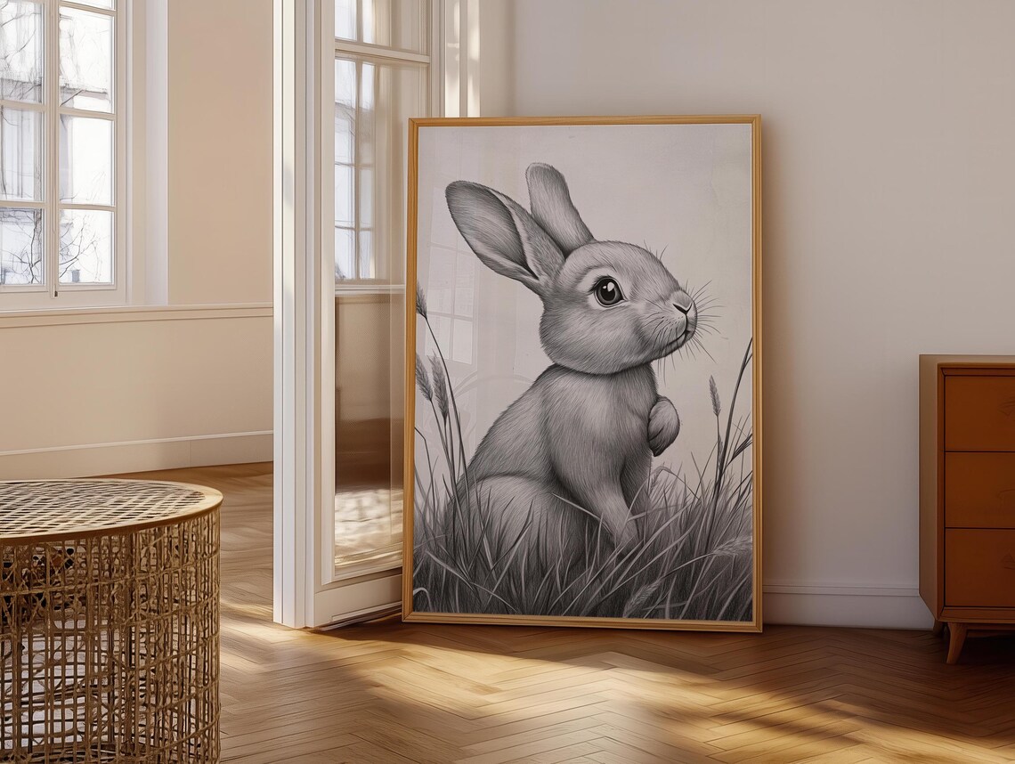 Sitting Bunny Looking Up Pencil Drawing Delicate Monochrome Rabbit Sketch Art Poster - Image 6