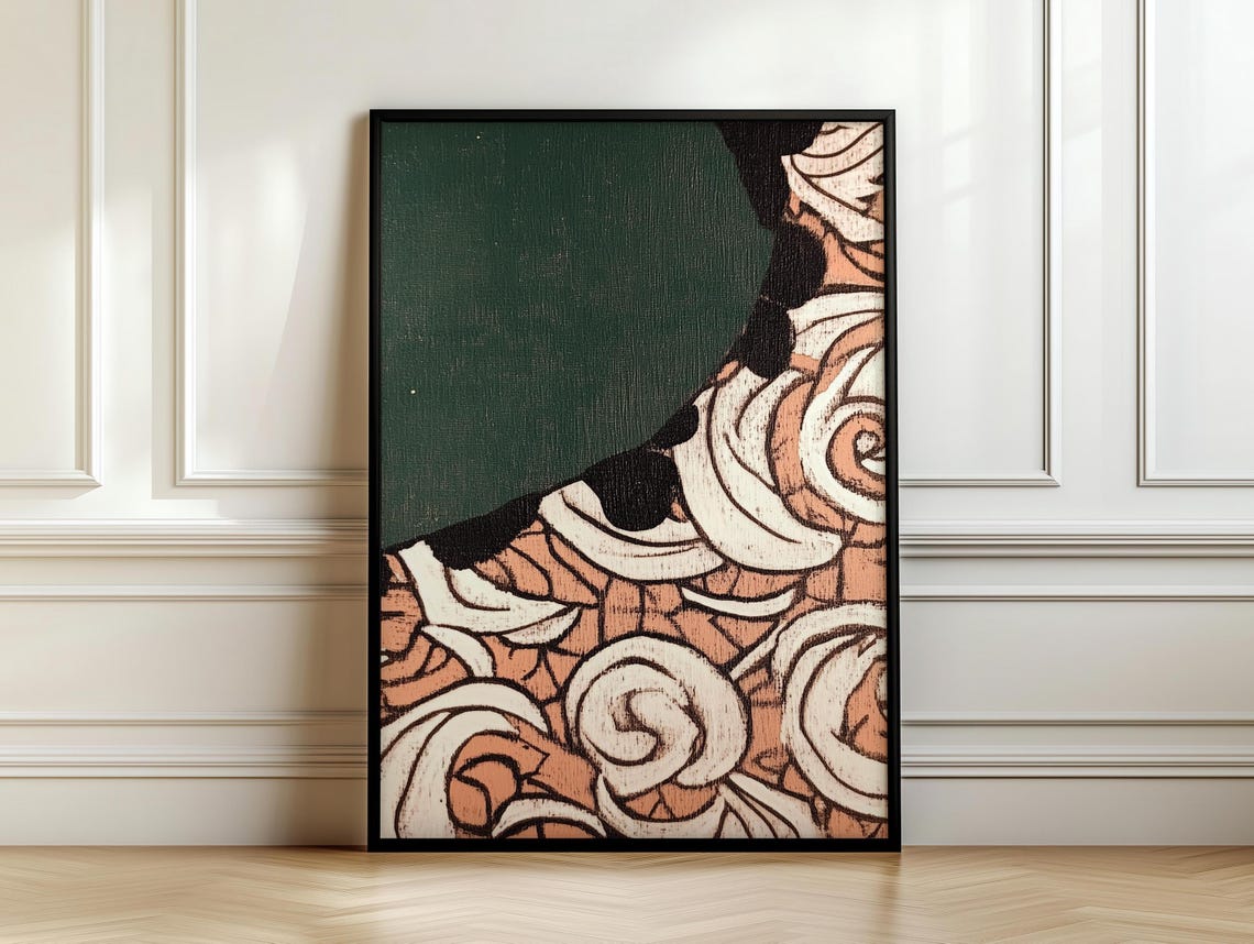 Vintage Abstract Emerald Green Peach Scroll Pattern Art Poster - Image 7