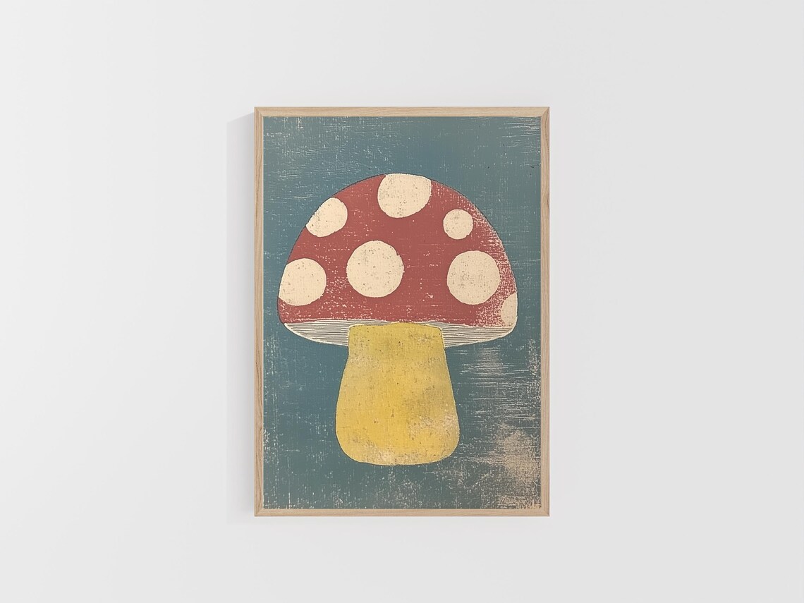 Woodblock Red Spotted Mushroom on Slate Blue Vintage Art Poster - Image 4