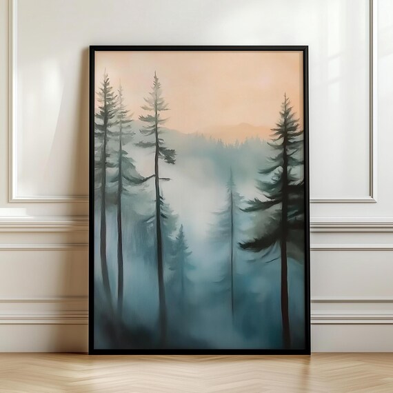 Dark Pine Tree Wall Art Dark Academia Vintage Forest Painting Moody Rustic Masculine Wall Hanging Art