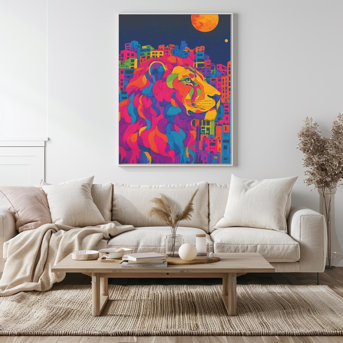 Rainbow Lion Profile Over A Neon Night City Skyline Art Poster - Image 5