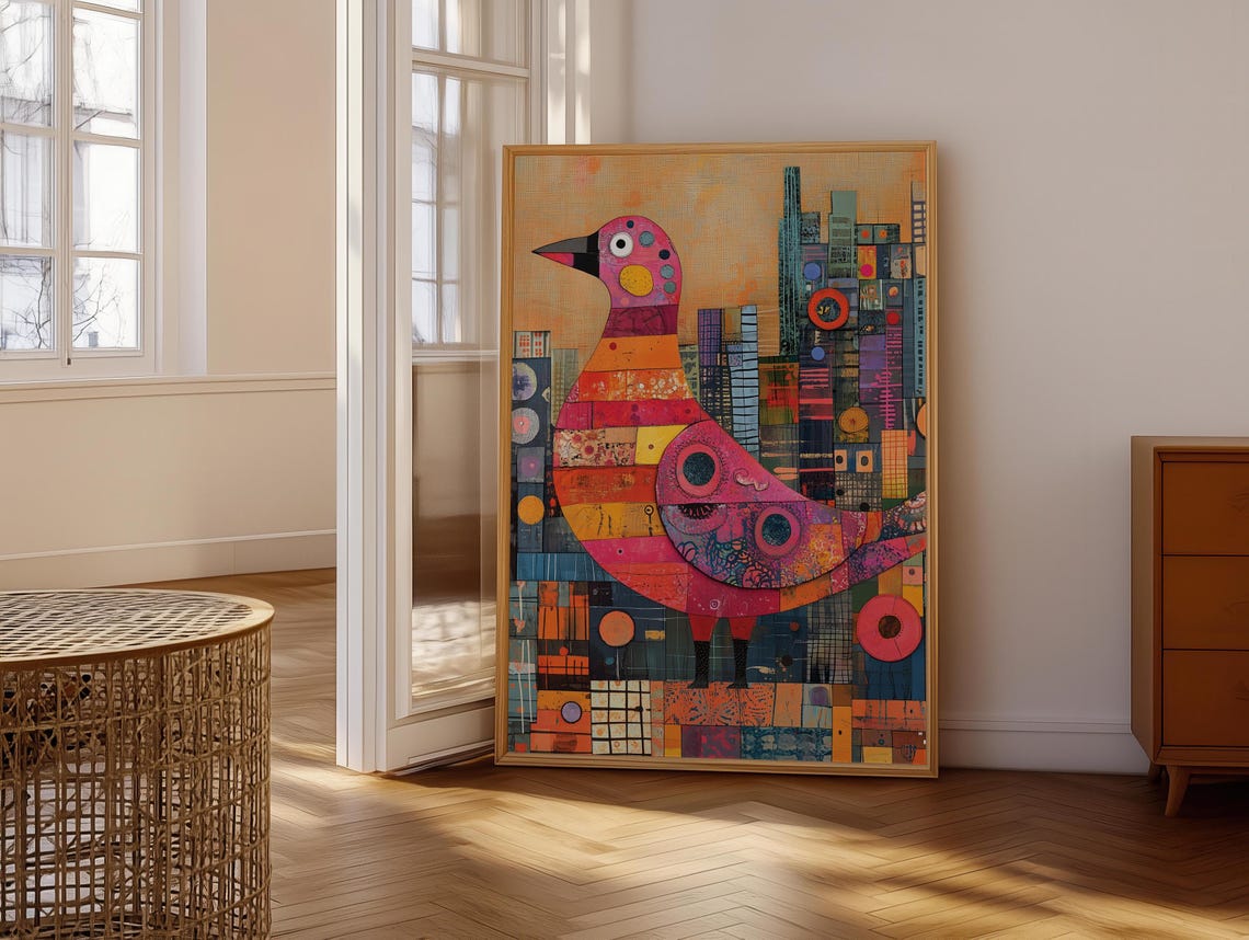 Stylized Patchwork Pigeon Over A Geometric Cityscape Art Poster - Image 6