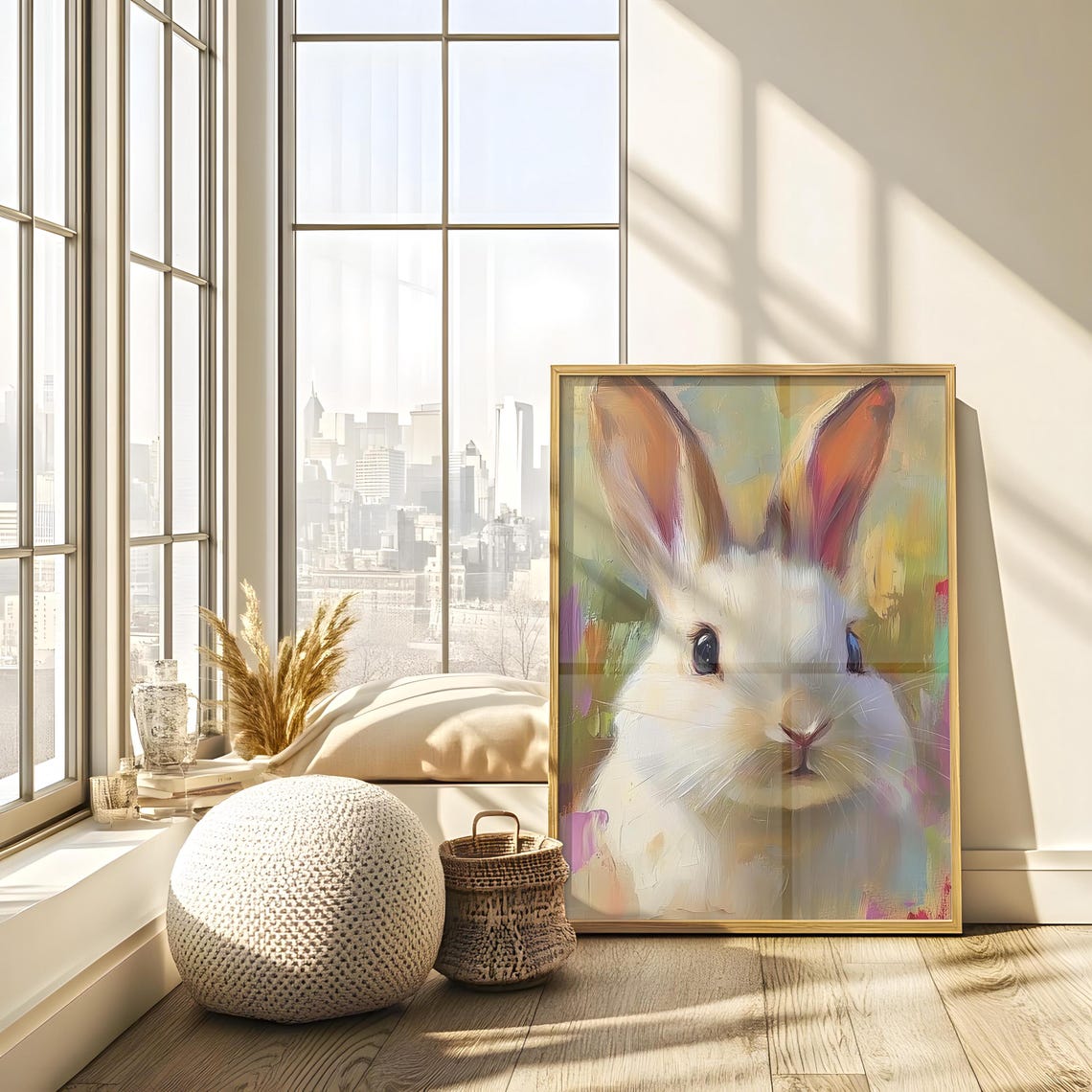 White Rabbit Portrait on Pastel Abstract Background Bunny Poster - Image 3
