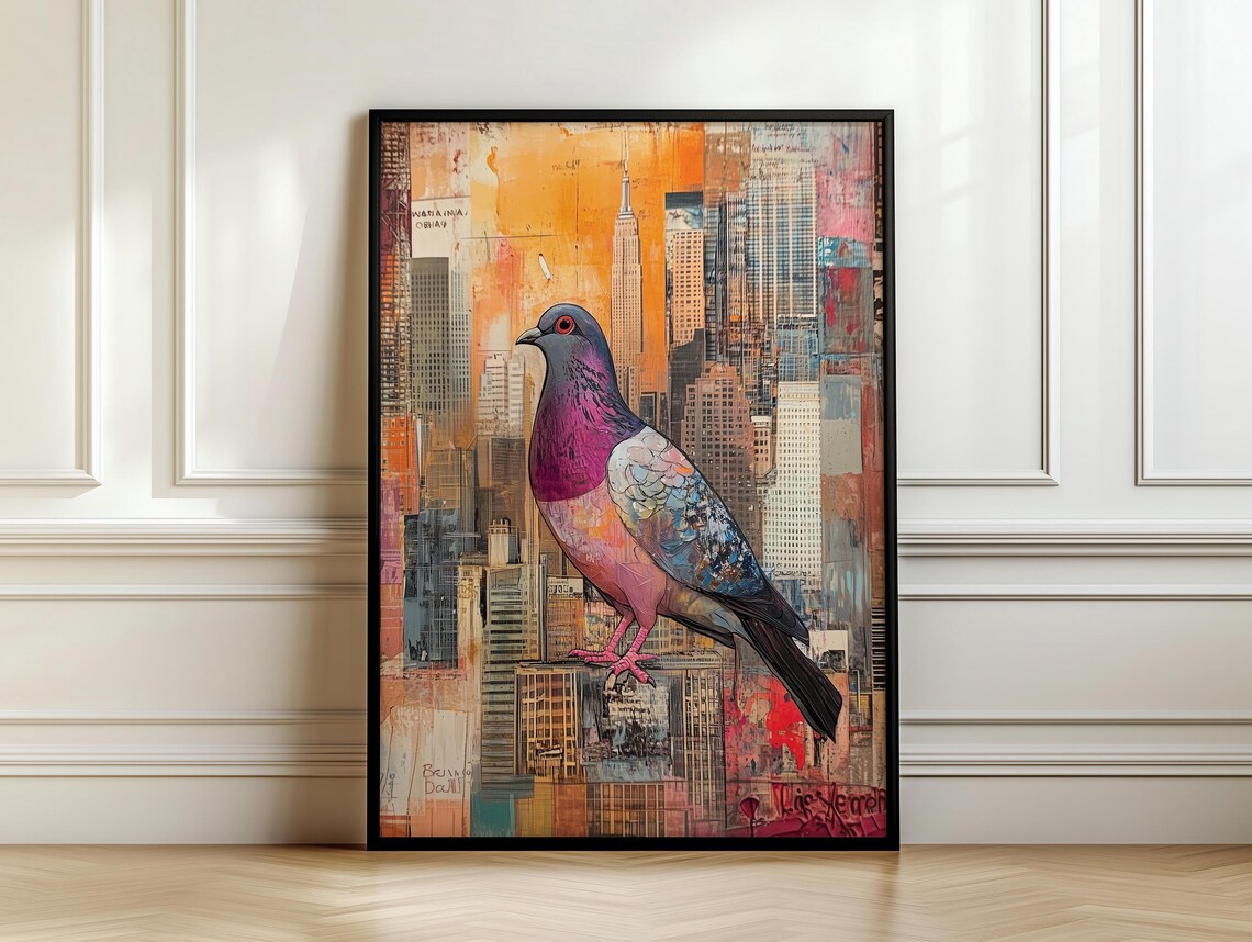 Painted Pigeon Over An Orange New York Skyline Sunset Art Poster - Image 7