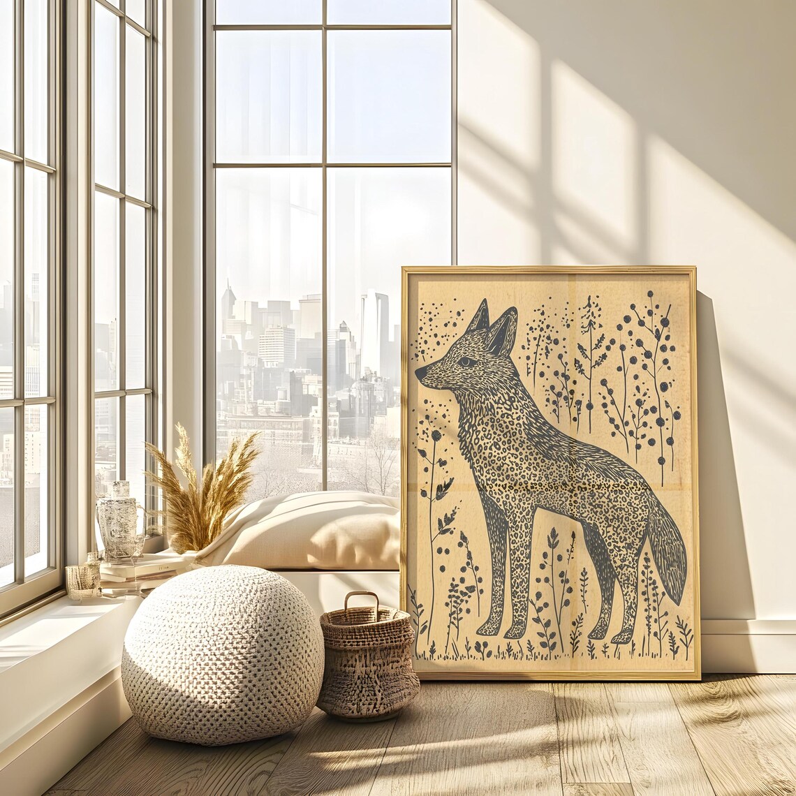 Standing Fox Linocut Style Folk Art Spotted Coat Wild Botanical Line Art Poster - Image 3