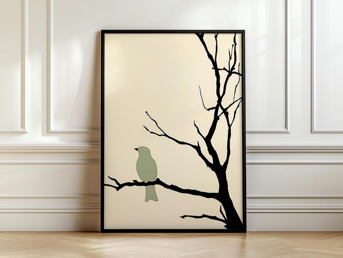 Sage Green Bird Perched On Black Branch Cream Japandi Style Poster - Image 7