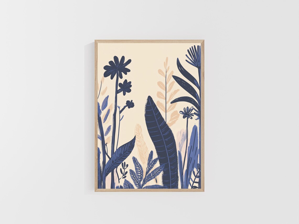 Navy and Peach Botanical Silhouettes Cream Chinoiserie Floral Poster - Image 4