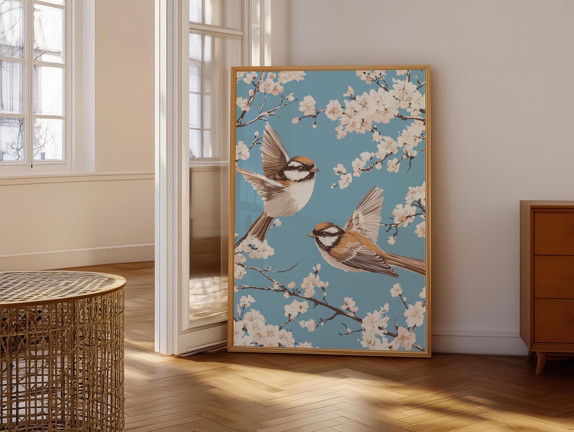 Two Birds In Flight White Cherry Blossoms Pale Blue Sky Poster - Image 6