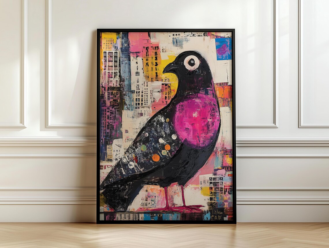 Abstract Pink Chested Pigeon Over Colorful Urban Collage Art Poster - Image 7