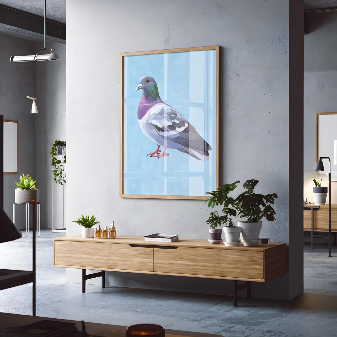 Playful Pop Art Pigeon Illustration on a Bright Baby Blue Poster - Image 4