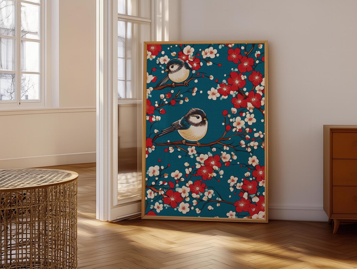Two Songbirds Resting Among Red And White Blossoms Teal Poster - Image 6