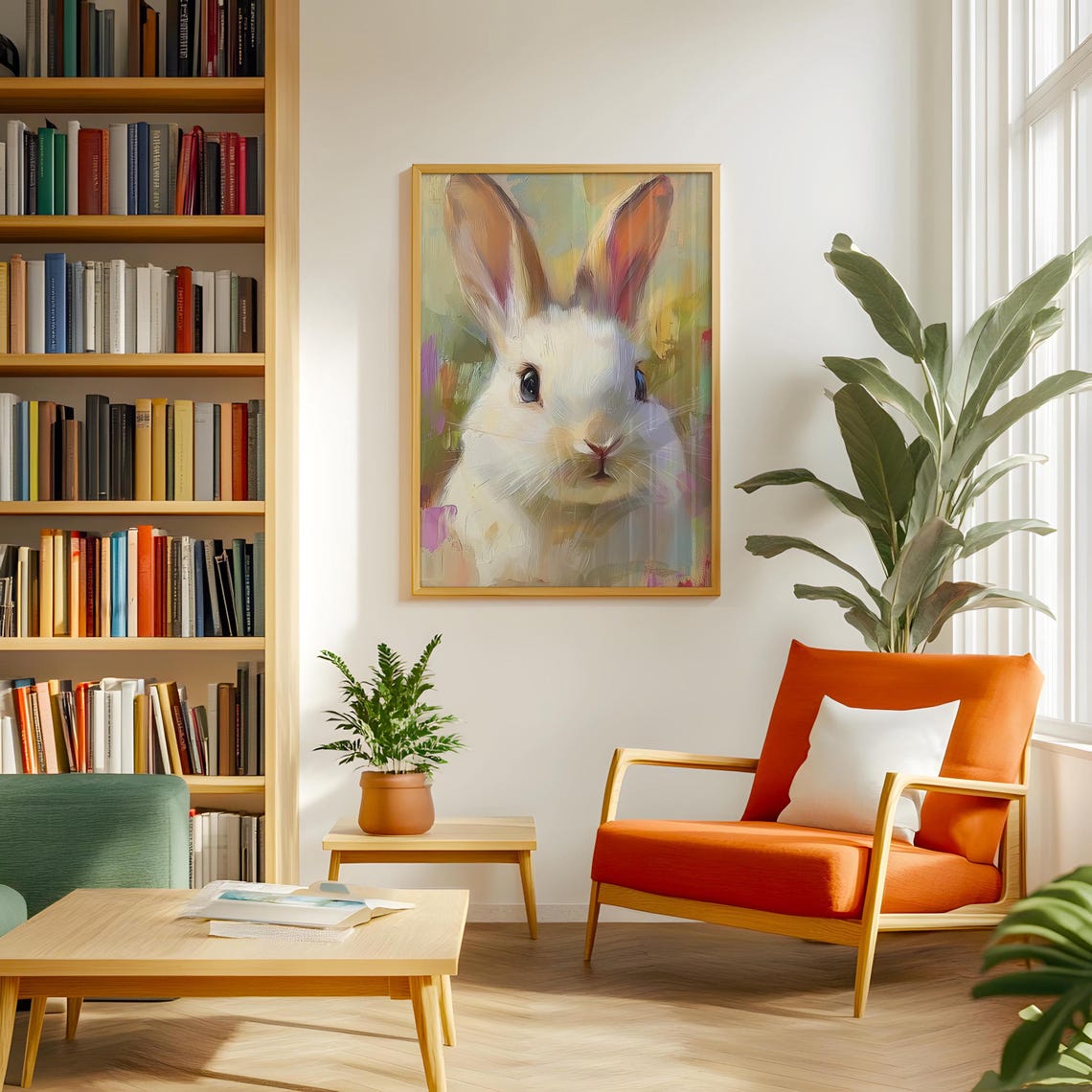 White Rabbit Portrait on Pastel Abstract Background Bunny Poster - Image 2
