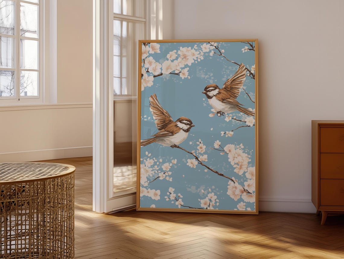 Two Birds Wings Spread White Cherry Blossoms Sky Blue Poster - Image 6