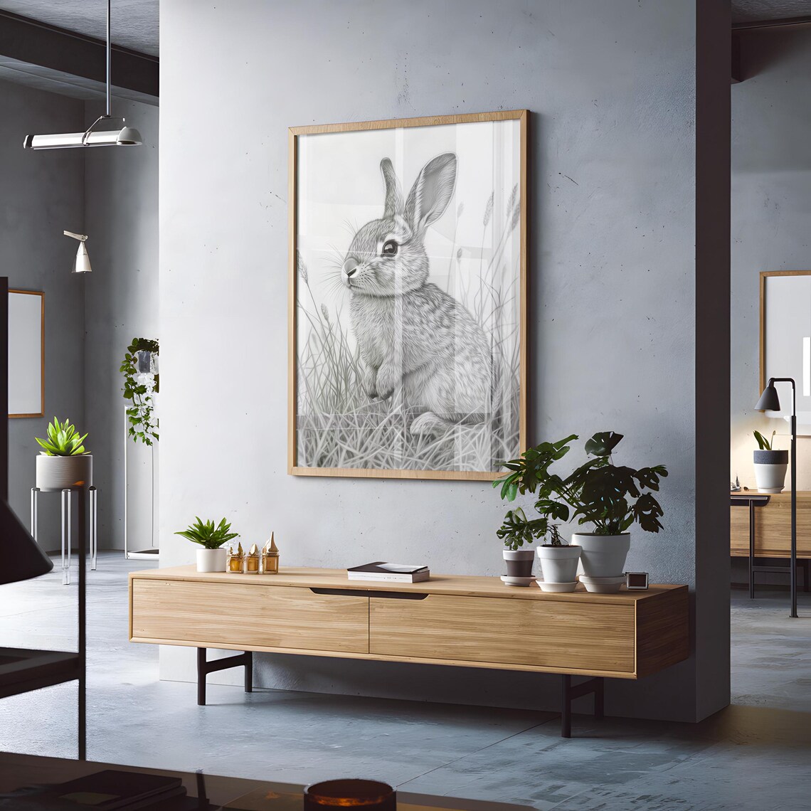 Gray Bunny Pencil Sketch Sitting In Tall Grass Minimalist Woodland Animal Drawing Poster - Image 3