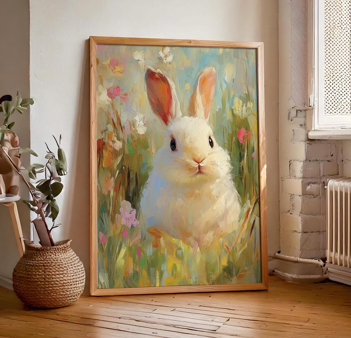 White Bunny in Flower Meadow Soft Impressionist Garden Poster