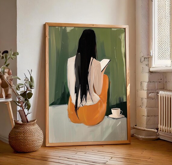 Woman Reading From Behind in Orange Pants Coffee Minimalist Poster