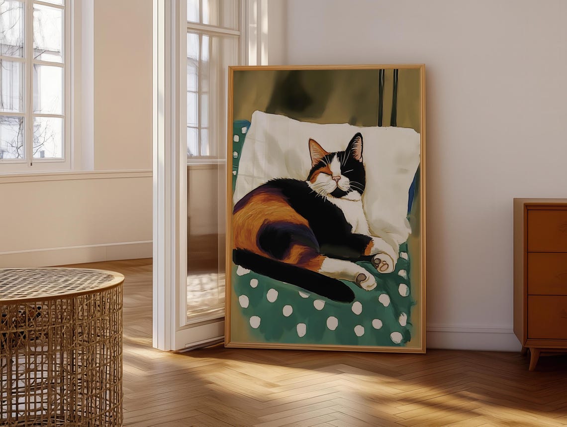Calico Cat Napping on Polka Dot Quilt White Pillow Cozy Poster - Image 6