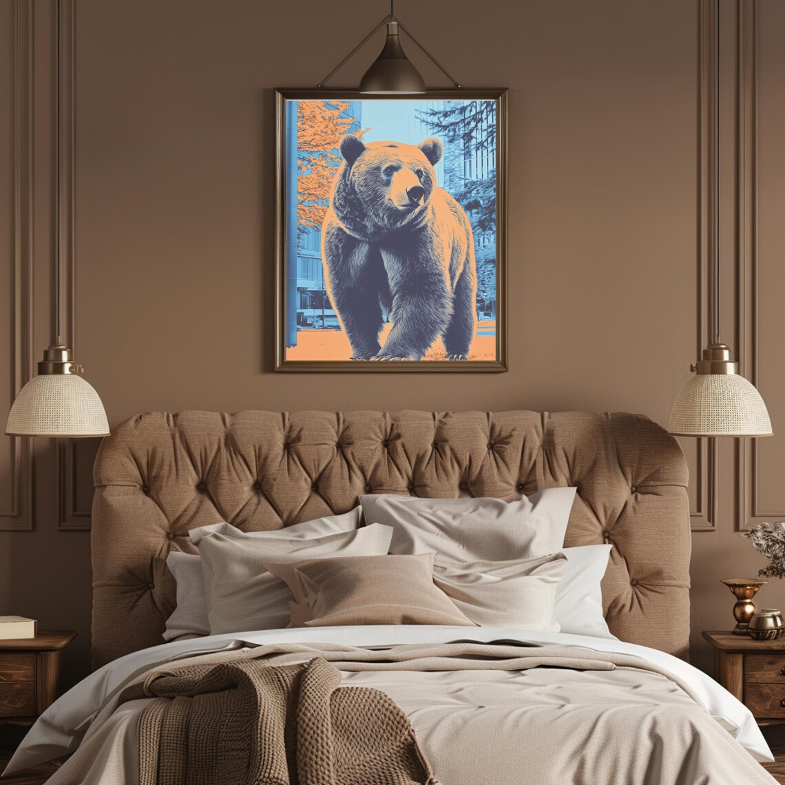Walking Brown Bear In A City With Blue And Orange Tones Poster - Image 3