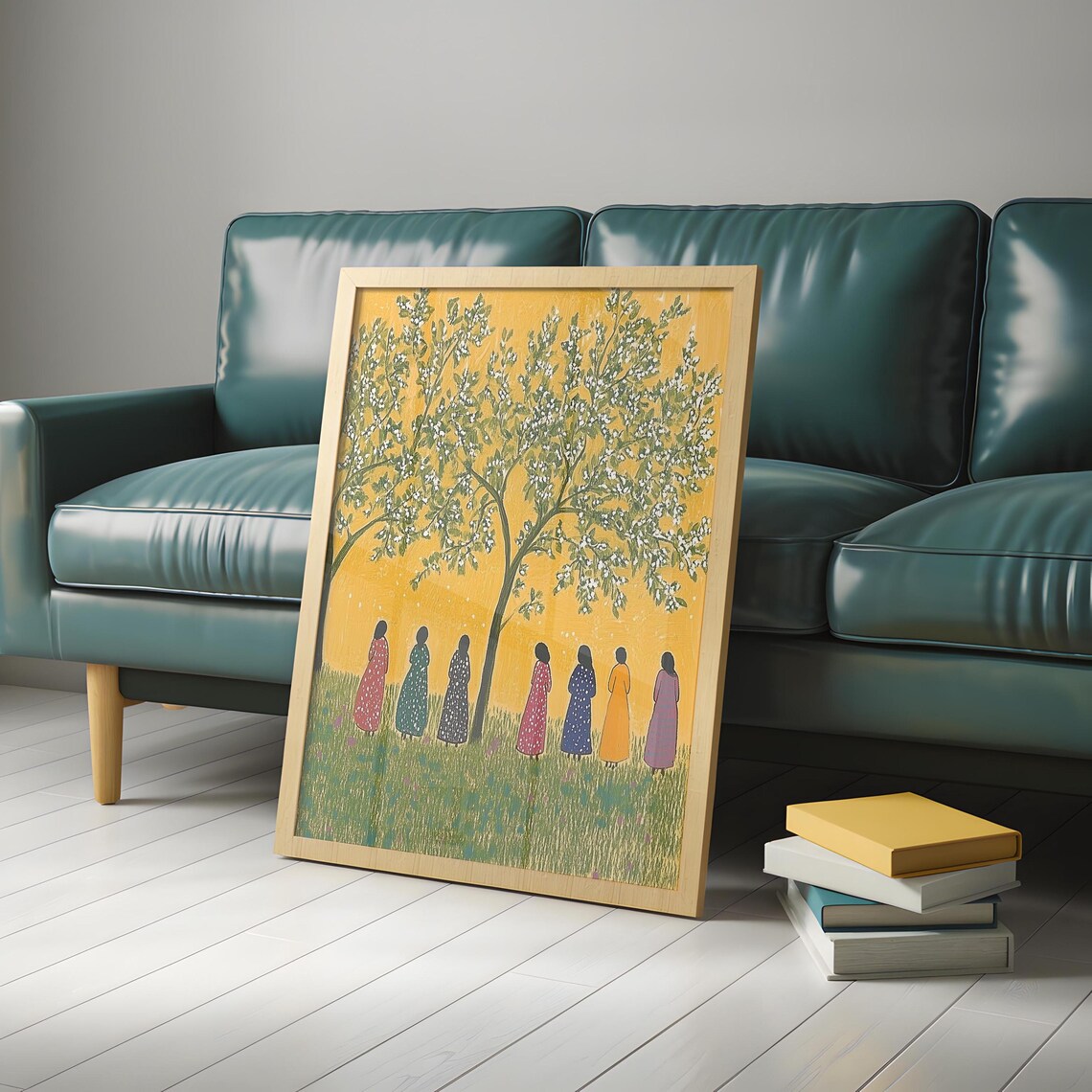 Seven Women Under Blossoming Tree Golden Yellow Folk Gathering Painting Art Poster - Image 4