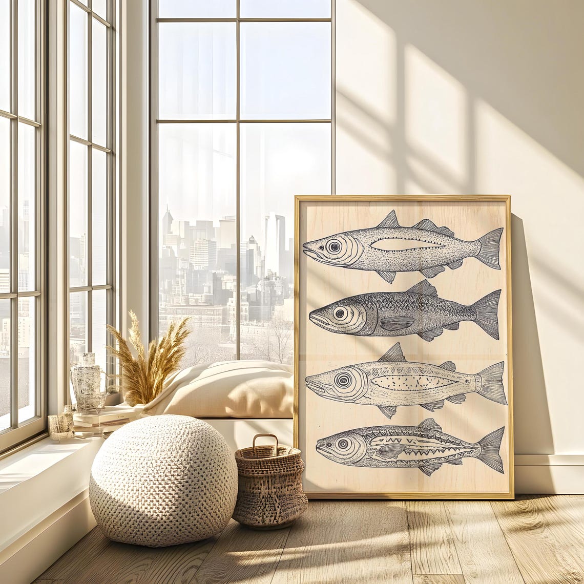 Woodcut Fish Print Wall Art Folk Art Inspired Prints Nautical Coastal Decor Neutral Boho Wall Hanging - Image 2