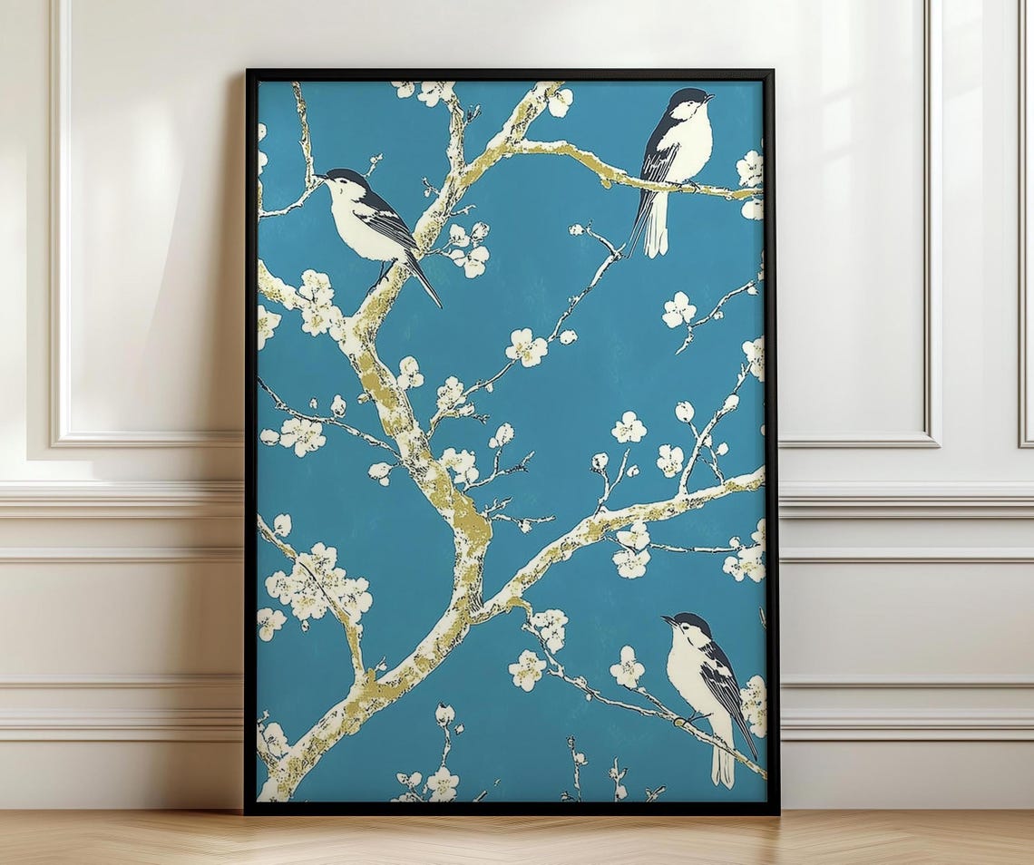 Three Small Birds On Blossoming Branches Deep Teal Botanical Poster