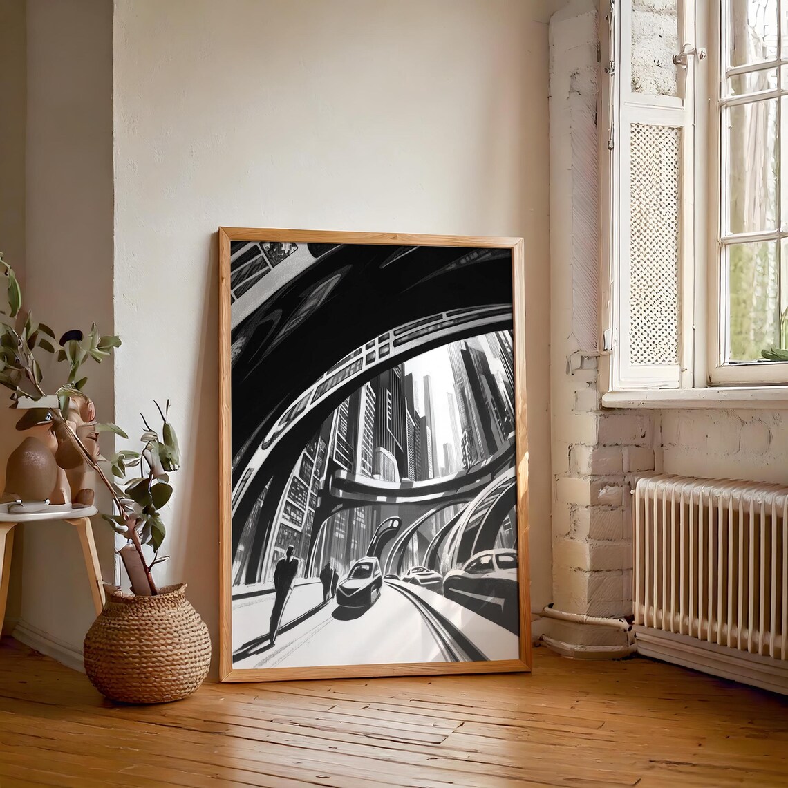 Retro Futurist City with Elevated Highways Drawing Artwork Poster - Image 6