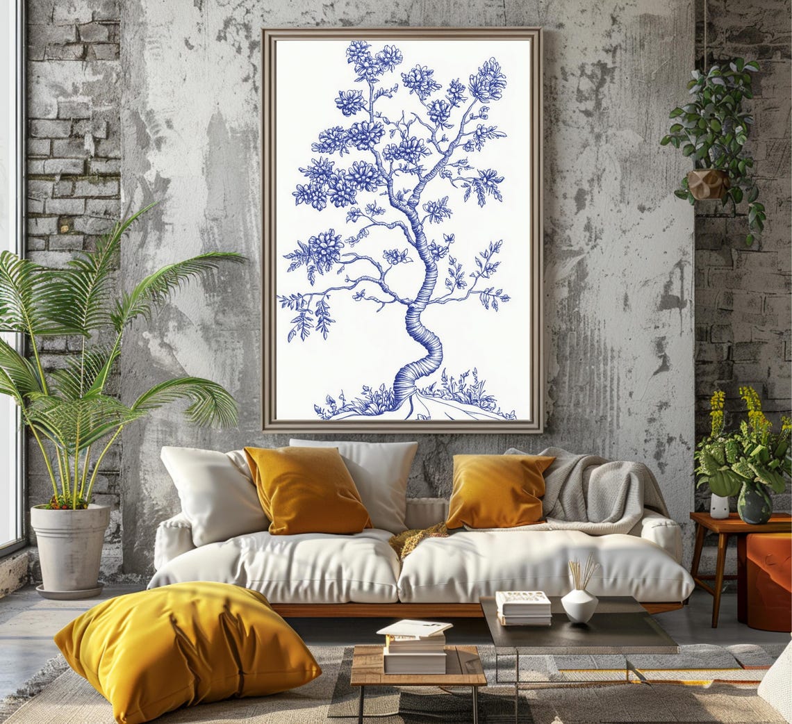Blue Ink Gnarled Blossom Tree on White Chinoiserie Line Art Poster - Image 7