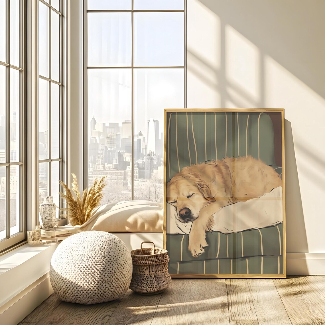 Golden Retriever Sleeping on Striped Green Chair Tender Dog Poster - Image 2