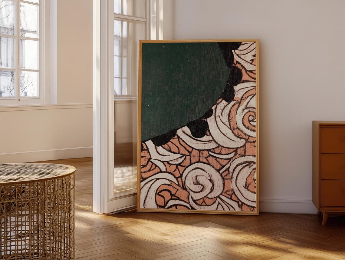 Vintage Abstract Emerald Green Peach Scroll Pattern Art Poster - Image 6