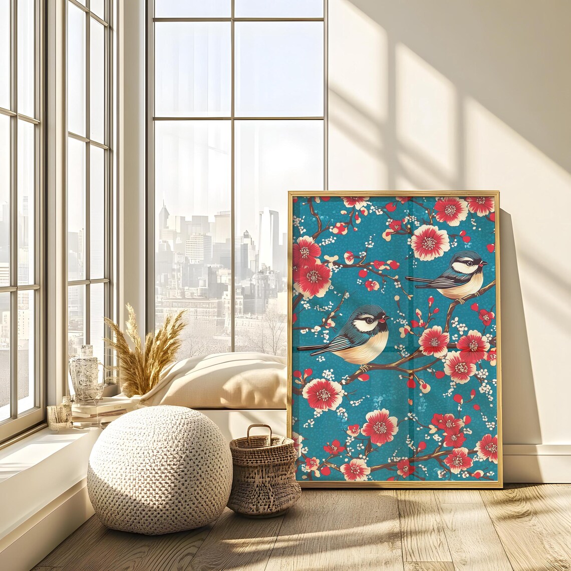 Two Songbirds On Red Blossom Branches Teal Chinoiserie Poster - Image 4