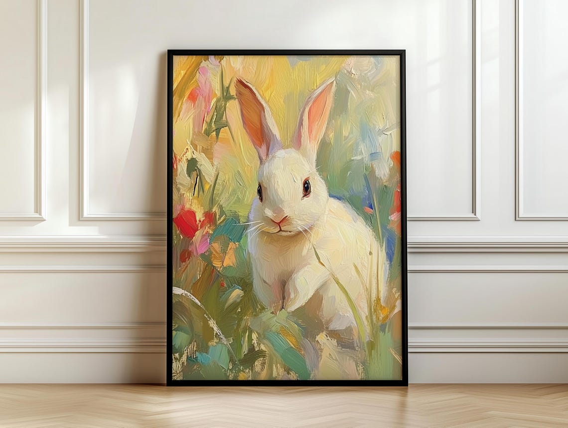 White Bunny in Golden Garden Brushstrokes Painterly Rabbit Poster - Image 7