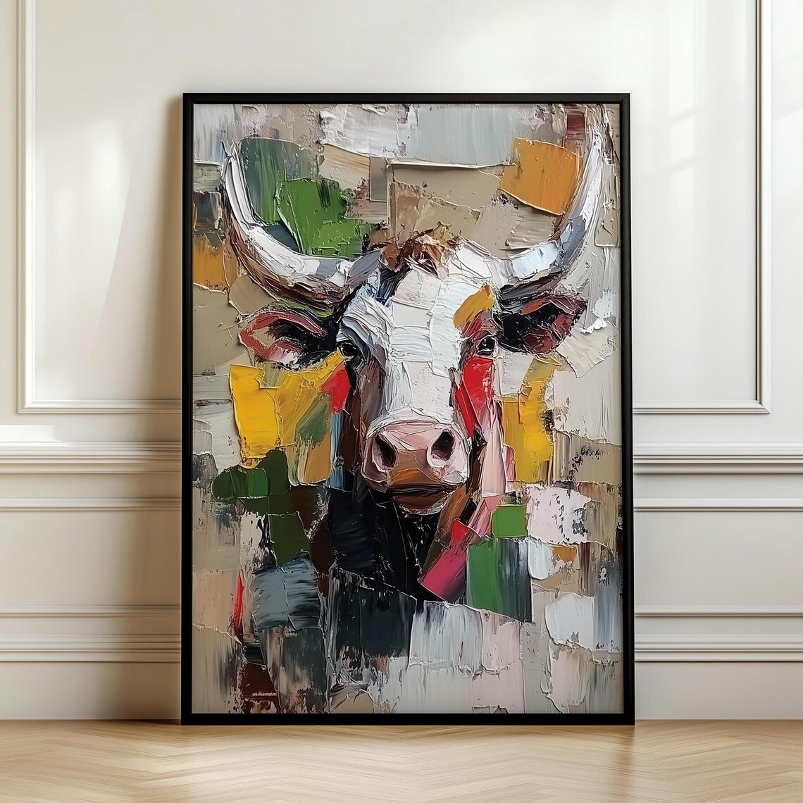 Abstract Impasto Longhorn Cow Portrait Painting in Bold Colors Poster