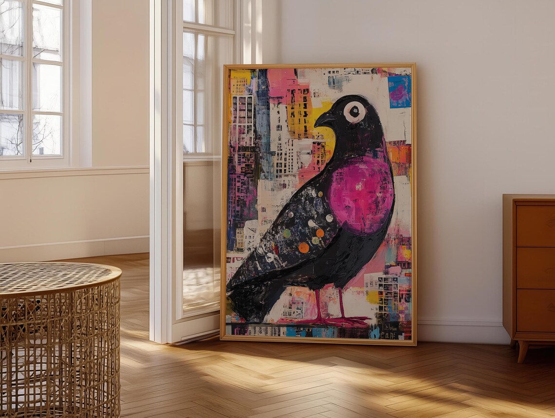 Abstract Pink Chested Pigeon Over Colorful Urban Collage Art Poster - Image 6