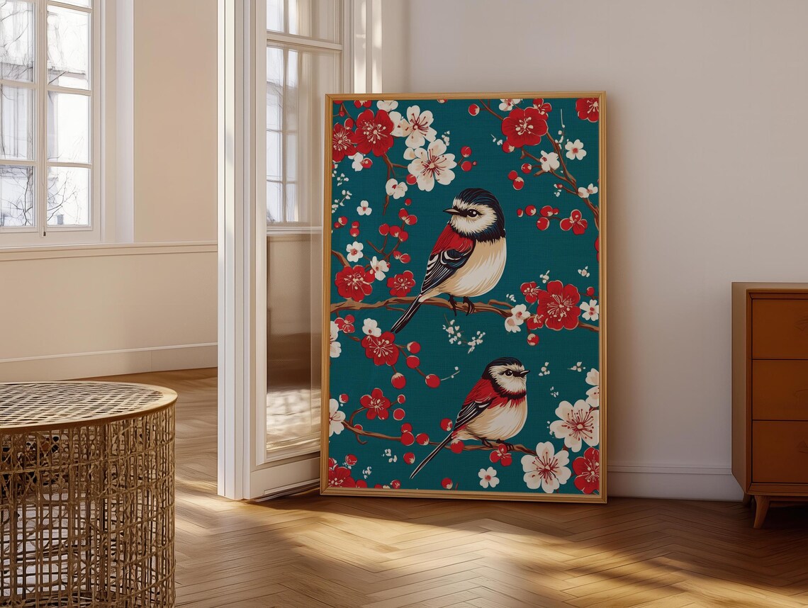 Two Red Winged Birds Among Blossoms Teal Chinoiserie Art Poster - Image 6