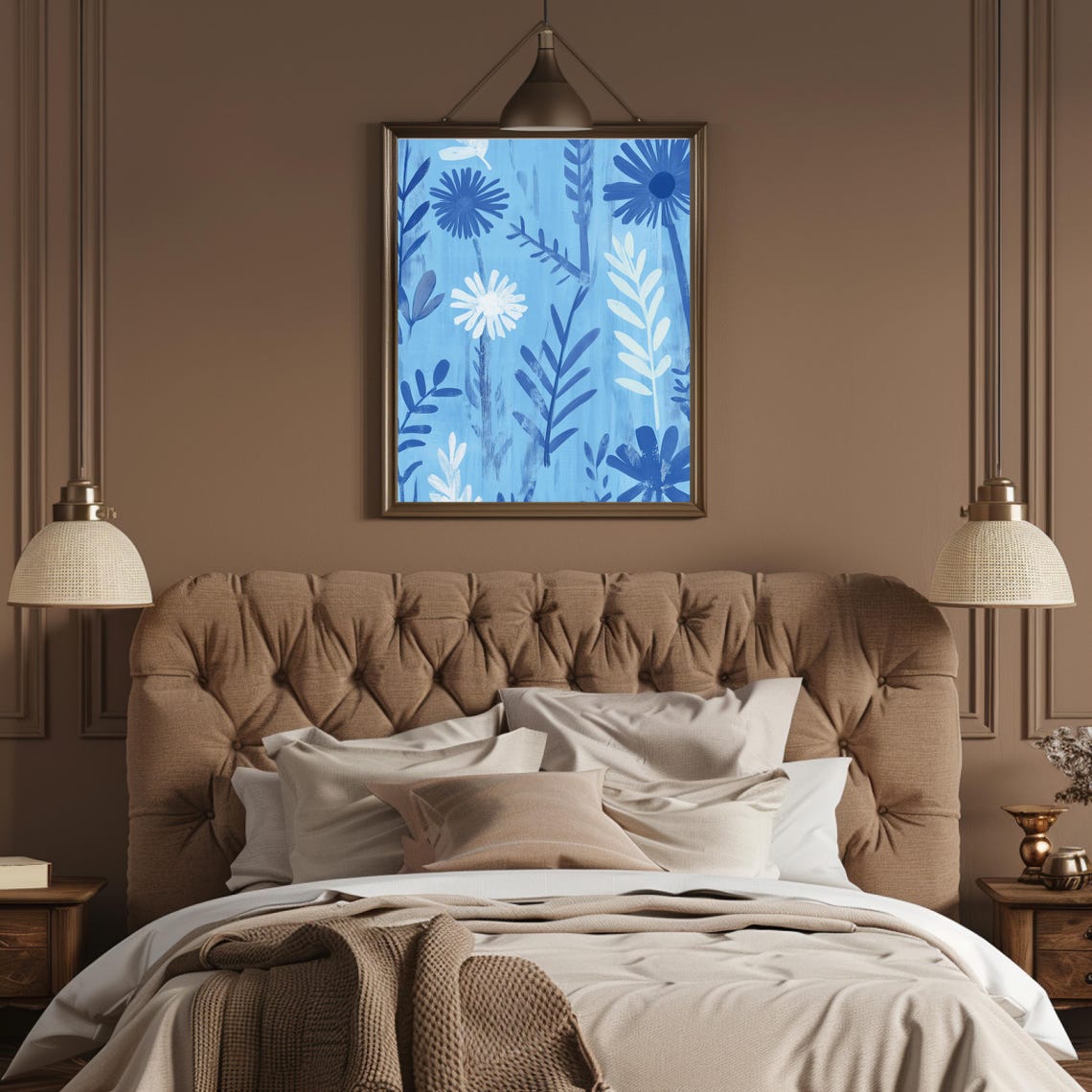 Sky Blue Daisy Meadow Abstract Botanical Silhouette Art Poster - Image 3