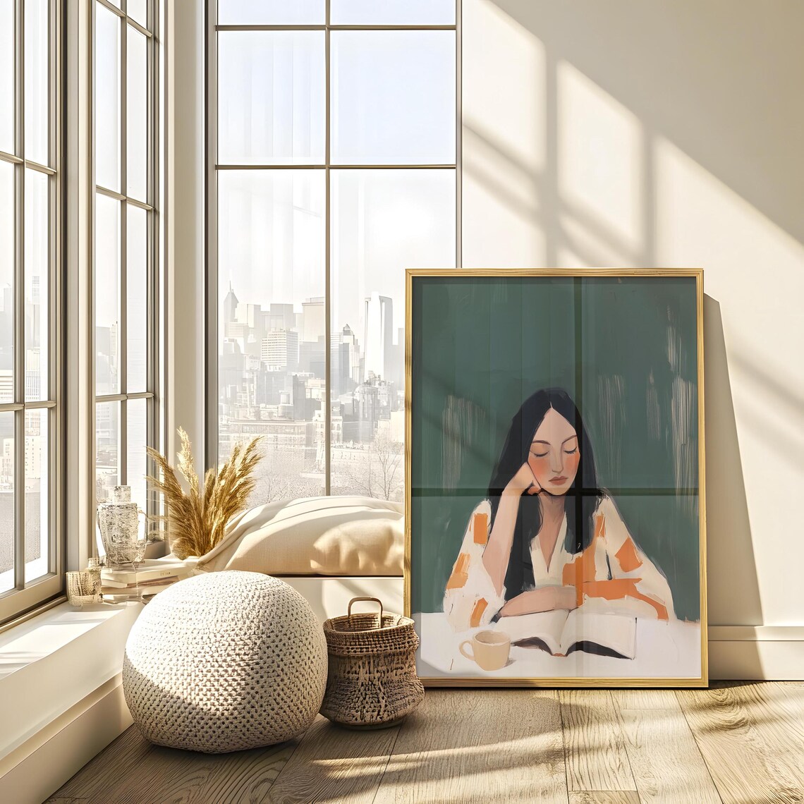Woman Reading at Table With Coffee Cup Green Minimalist Art Poster - Image 2