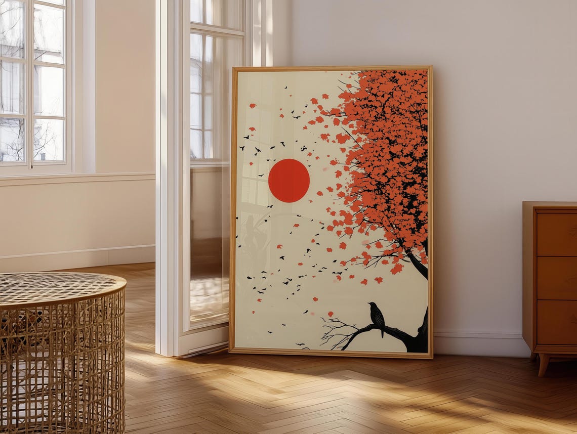 Japandi Red Sun Over Blossom Tree With Black Bird Cream Wall Art - Image 6